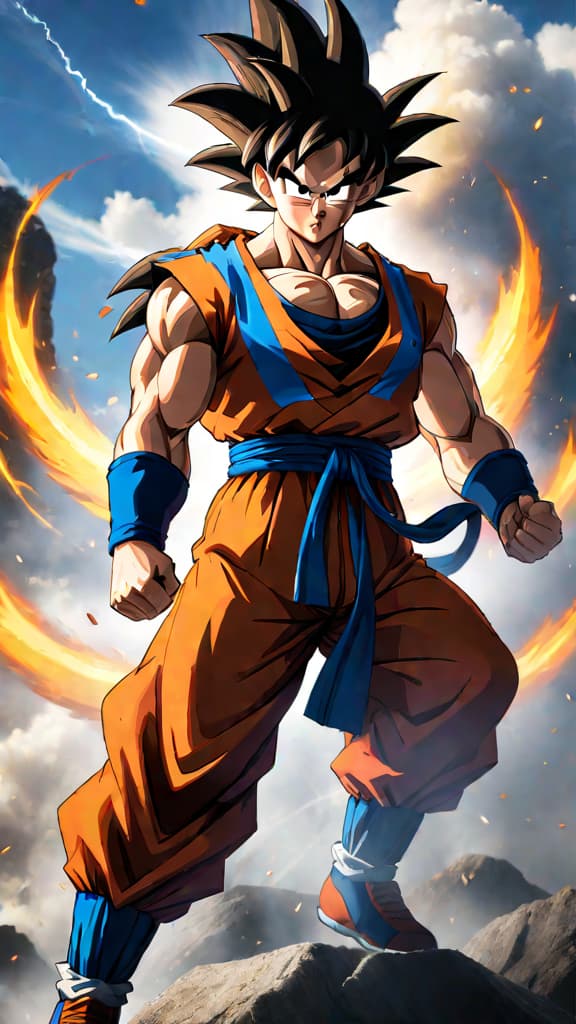  anime art: goku's evolving power faces unpredictable transformations against stronger foes in battles. hyperrealistic, full body, detailed clothing, highly detailed, cinematic lighting, stunningly beautiful, intricate, sharp focus, f/1. 8, 85mm, (centered image composition), (professionally color graded), ((bright soft diffused light)), volumetric fog, trending on instagram, trending on tumblr, HDR 4K, 8K