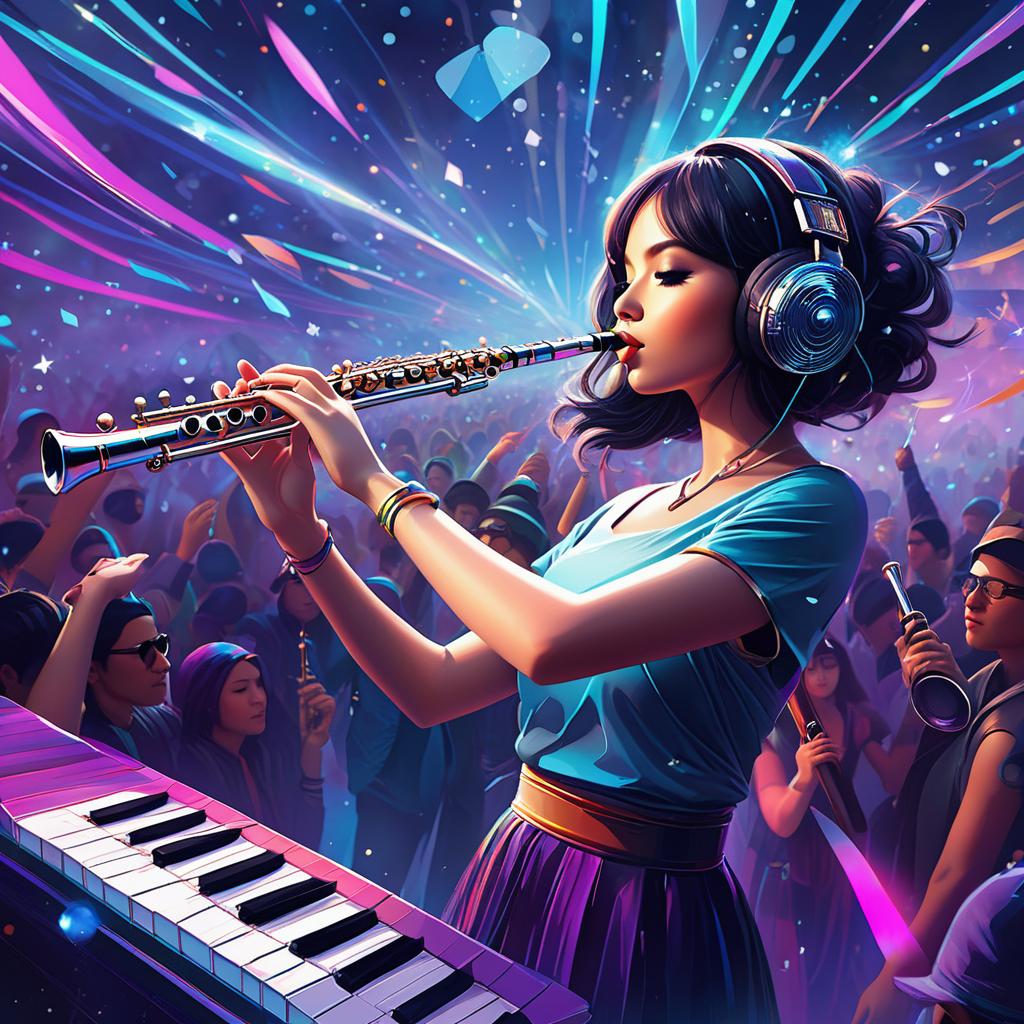  concept art cool futuristic musical flute in the air at a music rave. digital artwork, illustrative, painterly, matte painting, highly detailed