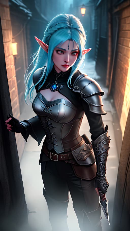  A female elf thief in a closed leather armor walks through a dark alleyway holding a knife. Short light hair. Legs wrapped in breeches and boots. Covered chest. Small bust., (Extremely Detailed Oil Painting:1.2), glow effects, godrays, Hand drawn, render, 8k, octane render, cinema 4d, blender, dark, atmospheric 4k ultra detailed, cinematic sensual, Sharp focus, humorous illustration, big depth of field, Masterpiece, colors, 3d octane render, 4k, concept art, trending on artstation, hyperrealistic, Vivid colors, extremely detailed CG unity 8k wallpaper, trending on ArtStation, trending on CGSociety, Intricate, High Detail, dramatic hyperrealistic, full body, detailed clothing, highly detailed, cinematic lighting, stunningly beautiful, intricate, sharp focus, f/1. 8, 85mm, (centered image composition), (professionally color graded), ((bright soft diffused light)), volumetric fog, trending on instagram, trending on tumblr, HDR 4K, 8K