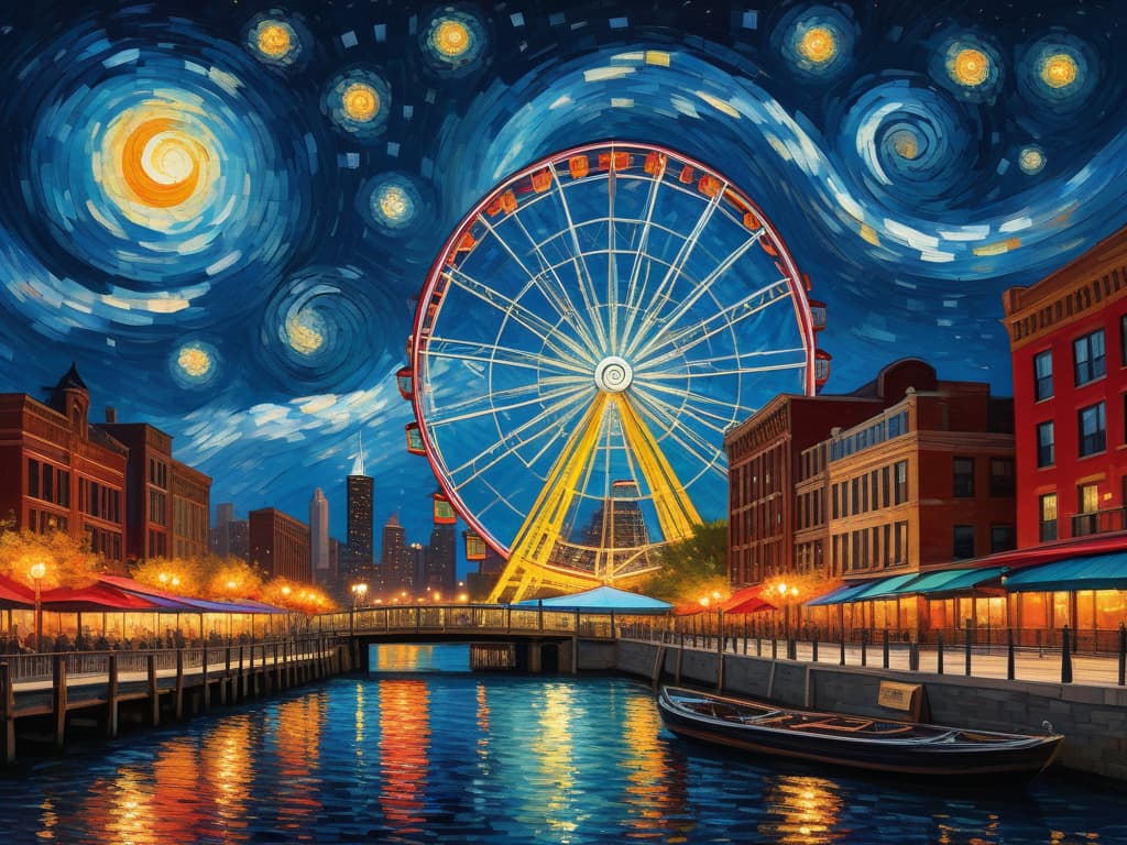  concept art chicago’s centennial ferris wheel, chicago’s navy pier, van gogh's starry starry night with colorful red and orange swirls in the beautiful night sky, chicago skyline with colorful van gogh swirls in the sky, hyper realistic, chicago skyline, mesmerizing, intricate details, flambient golden and red sunrise, dramatic lighting, epic composition, wide angle, cinematic, masterpiece, high resolution, sharp details, best quality, 4k, raw photo, van gogh influence, studio lighting, impressionist, bold colors, starry sky, architectural elements, medium format lens, high angle, cityscape, city life, metropolitan, van gogh's brushstrokes, van gogh's shadows, van gogh's colors, van gogh's textures, nighttime, city scene, streets, night