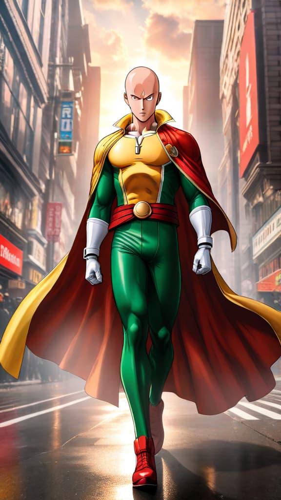  anime art: saitama's power speculated to have a divine origin, hinting at limitless strength from 'god.' hyperrealistic, full body, detailed clothing, highly detailed, cinematic lighting, stunningly beautiful, intricate, sharp focus, f/1. 8, 85mm, (centered image composition), (professionally color graded), ((bright soft diffused light)), volumetric fog, trending on instagram, trending on tumblr, HDR 4K, 8K