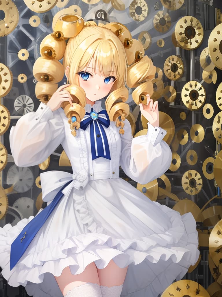  ((drilled hair:1.5)){cute girl,blonde hair,blue eyes,((drilled hair:1.5)),wearing white frilly dress},super detailed,high resolution,absurd,adopted,