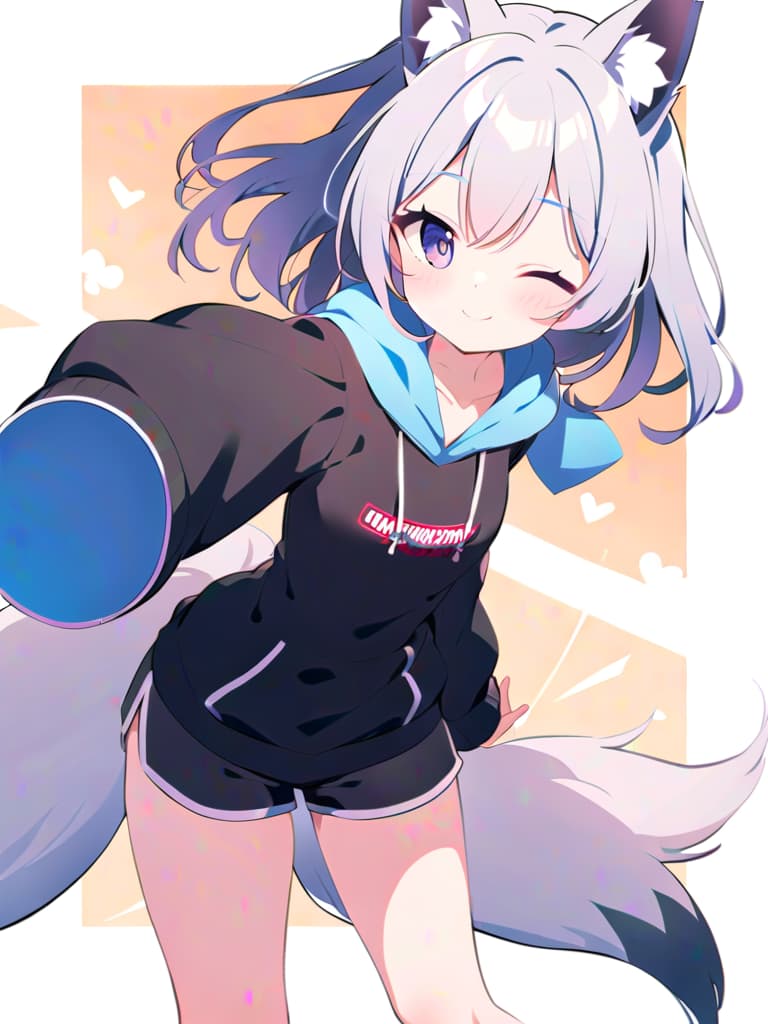  top quality,plaid background,simple background,solo,fox ,fox ears,fox tail,gray hair,long hair,curly hair,volumey hair, eyelash,one eye closed,smile,oversized hoodies,wide sleeves,long sleeves,sleeves past fingers,shorts,tights, under shorts,outstretched hands,incoming hug,((happy birthday,congratulations)).