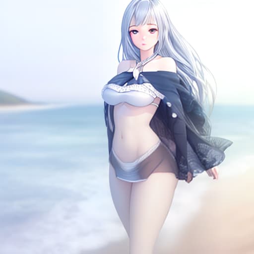  A girl is standing on the beach looking at the ocean. hyperrealistic, full body, detailed clothing, highly detailed, cinematic lighting, stunningly beautiful, intricate, sharp focus, f/1. 8, 85mm, (centered image composition), (professionally color graded), ((bright soft diffused light)), volumetric fog, trending on instagram, trending on tumblr, HDR 4K, 8K