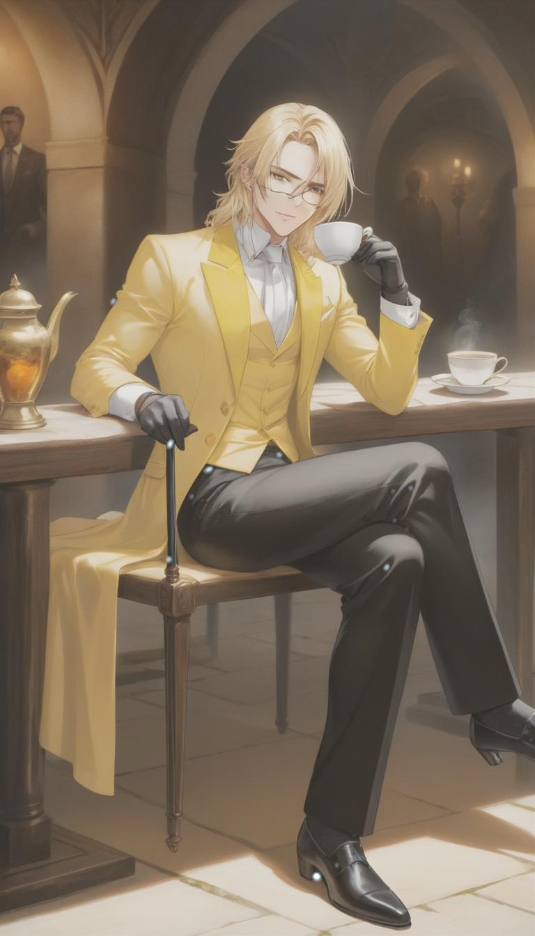  a guy with long blond hair, blindfold, a guy with a cup of tea, a guy with a cane, high heels hyperrealistic, full body, detailed clothing, highly detailed, cinematic lighting, stunningly beautiful, intricate, sharp focus, f/1. 8, 85mm, (centered image composition), (professionally color graded), ((bright soft diffused light)), volumetric fog, trending on instagram, trending on tumblr, HDR 4K, 8K