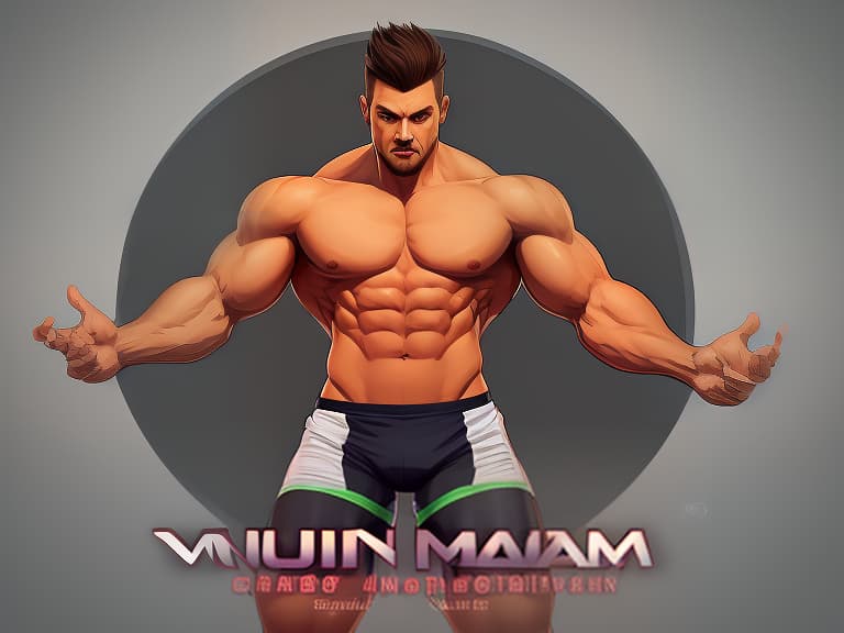  a muscular man with an open torso and wearing tight shorts., (logo:1.3), vector graphics, brand, design, inspired, (straight:1.3), (symmetrical:0.4)