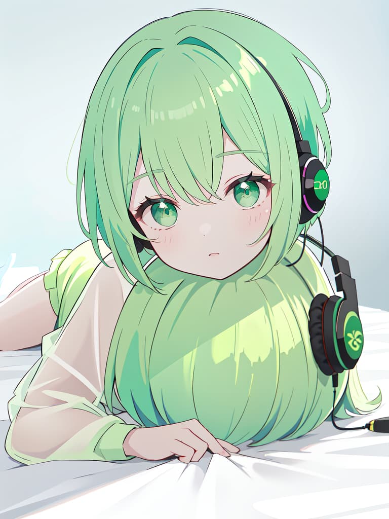  a completely ,green haired,short haired character with beautiful s,s,and pubic hair in full view,wearing headphones,lying on her back on a white sheet,realistic, masterpiece, best quality,8k,ultra detailed,high resolution,an extremely delicate and beautiful,hyper detail
