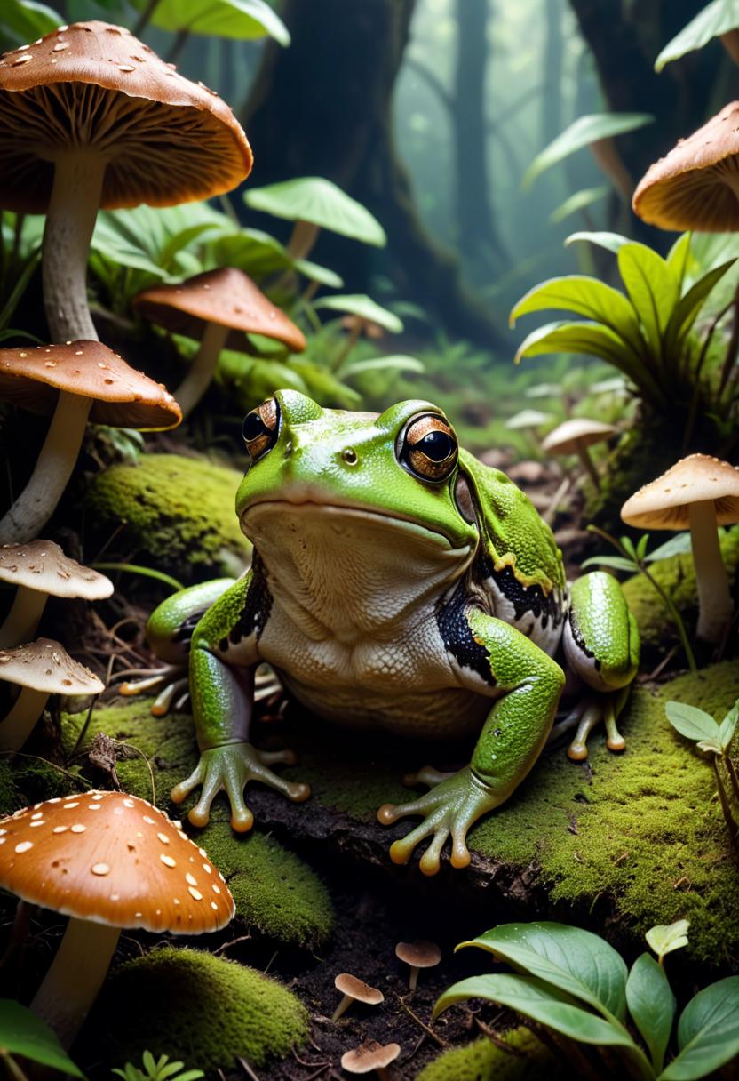  cinamatic lighting, high contrast, vivid, sharp, detailed, 8k, frog with mushrooms growing