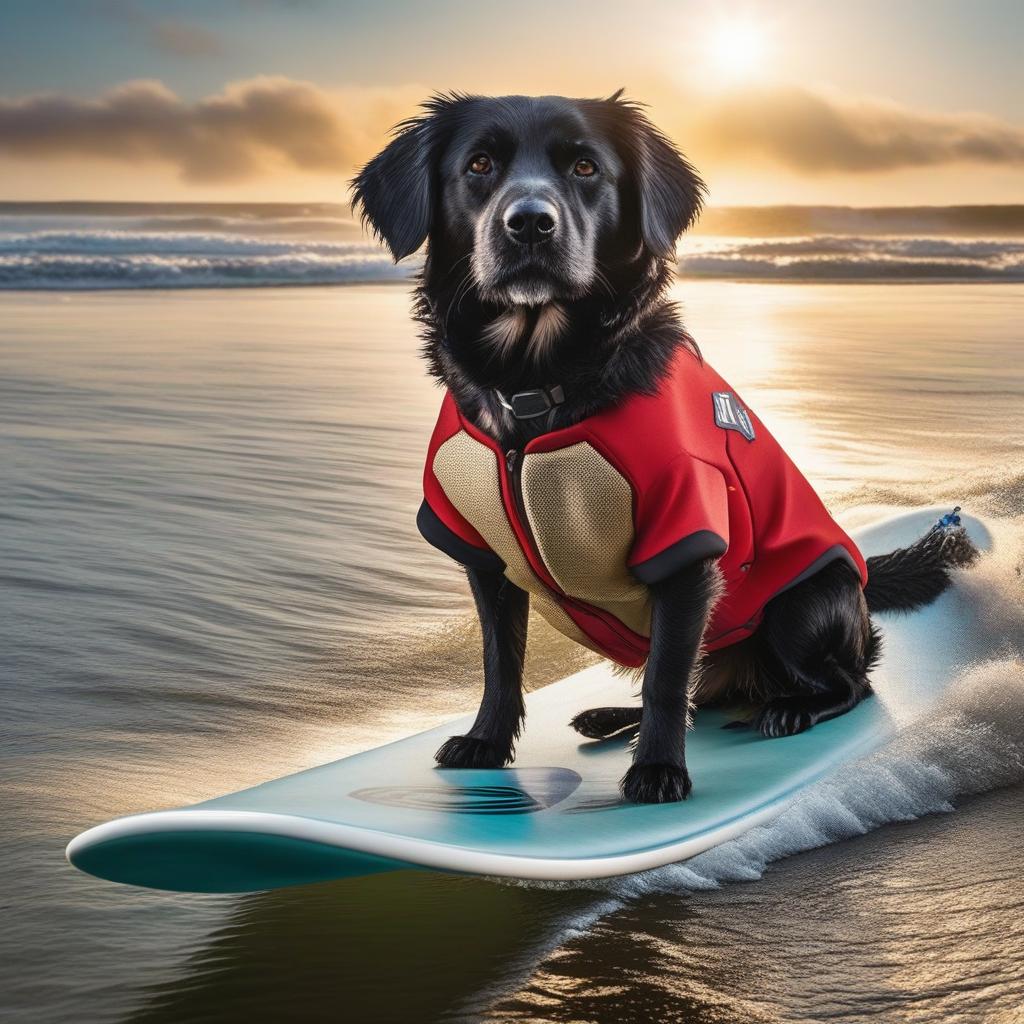  A dog surfing hyperrealistic, full body, detailed clothing, highly detailed, cinematic lighting, stunningly beautiful, intricate, sharp focus, f/1. 8, 85mm, (centered image composition), (professionally color graded), ((bright soft diffused light)), volumetric fog, trending on instagram, trending on tumblr, HDR 4K, 8K