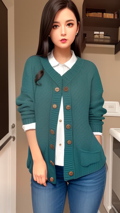  Room V sweater with dark blue-green buttons Woman with semi-straight brown hair, surprised expression