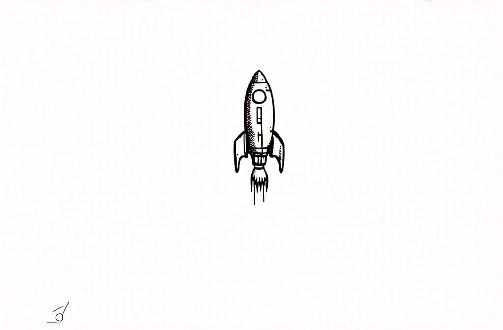  contour, very simple image in one unbroken black ink line, single line of rocket flying in the air ar 3:2 using a single continuous black line ink brushon white background, drawing should be created without lifting the pen, recognizable features of rocket flying in the air ar 3:2 in one unbroken line