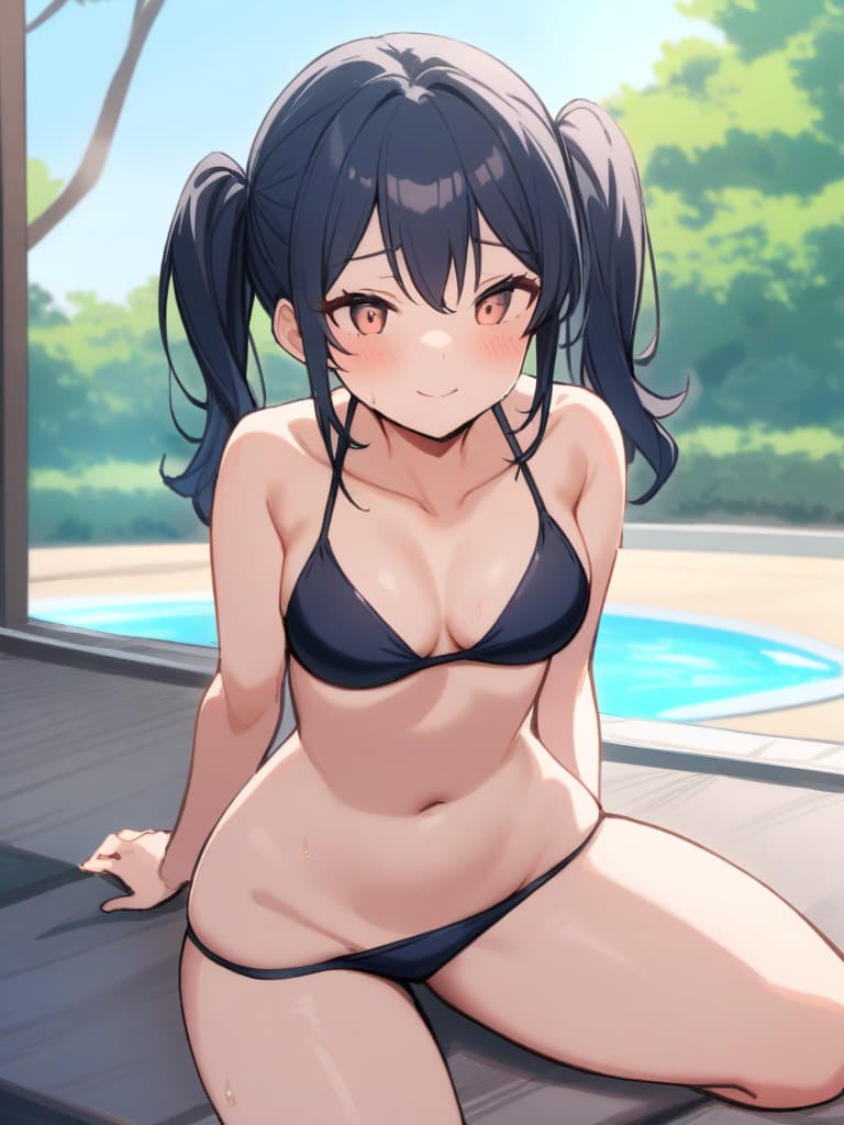  women's elementary students, twin tails, cute smiles, rich s, low stature, dark blue swimwear, old swimwear, swimwear, simple, male, shaped clear penalties, clear shaped philosophy, male (swelling), front, front, front, front the whole body, pool side,