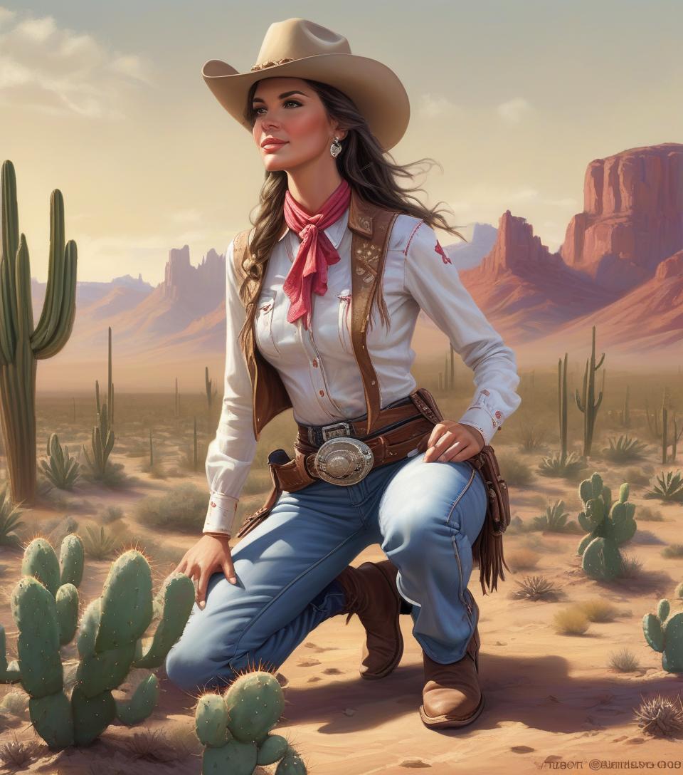  arafed woman in cowboy outfit kneeling in desert with cactus, female cowgirl, by mort künstler, by magali villeneuve, by pamela ascherson, highly detailed digital painting, cowgirl, western art, in stunning digital paint, western cowgirl, realistic digital painting, smiling woman, photorealistic digital painting, ultradetailed digital painting