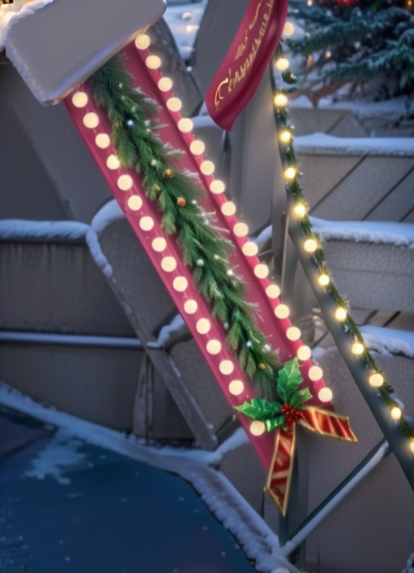  breathtaking a sign that reads christmas wreath is next to a railing an arch made up of candy canes and ornaments, christmas garland with decoration, pine needle and snow on it . award winning, professional, highly detailed, civitai