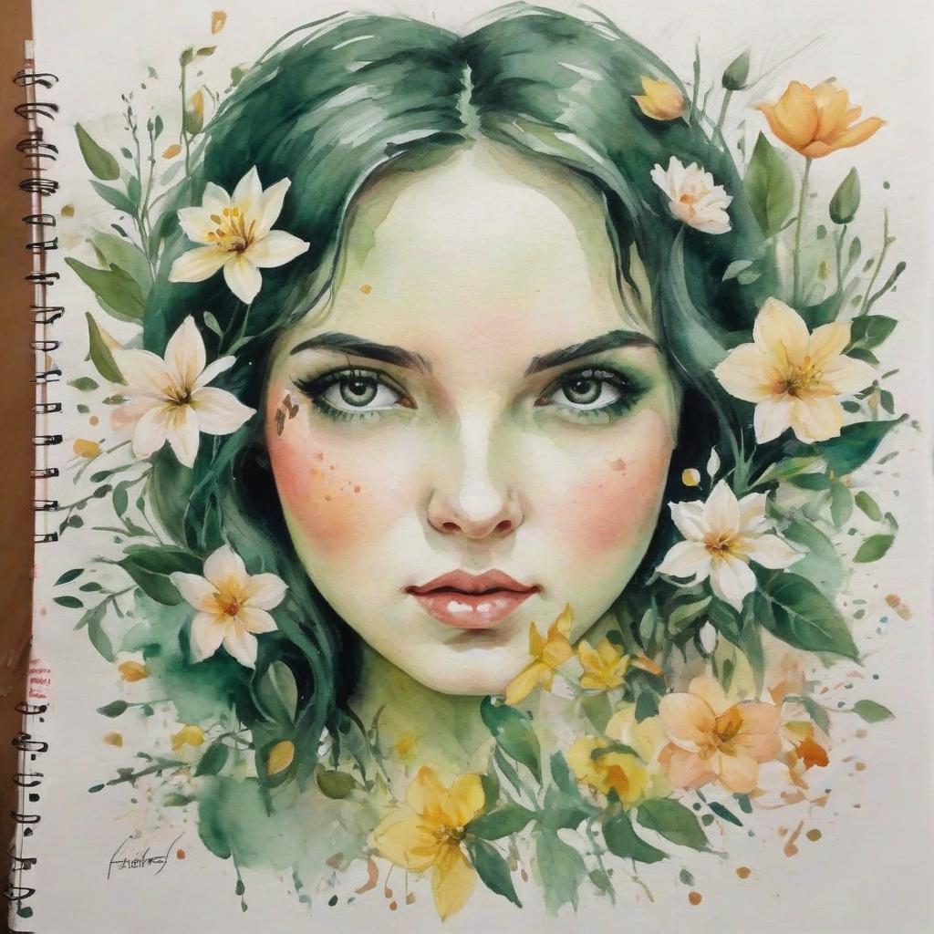  aquarela, fantasia, fundo delicado, rosto completo, composição na cabeça de uma menina de flores, menta, obra de arte, hiperdetalização, exposição tripla filigrana, hiper realismo, @ilonaf, 1024 k, iluminação brilhante flores brilhantes, olhos brilhantes