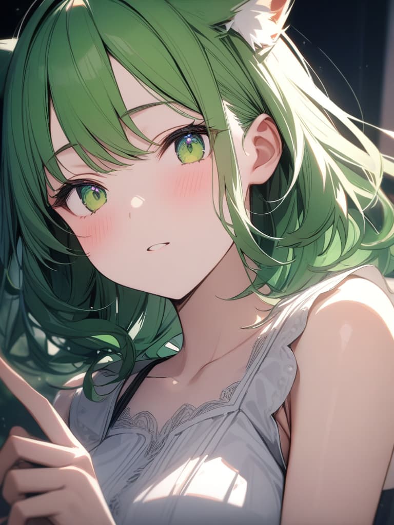  girls, bangs, medium hair, green hair, wolf ears, light light eyes, masterpiece, best quality,8k,ultra detailed,high resolution,an extremely delicate and beautiful,hyper detail