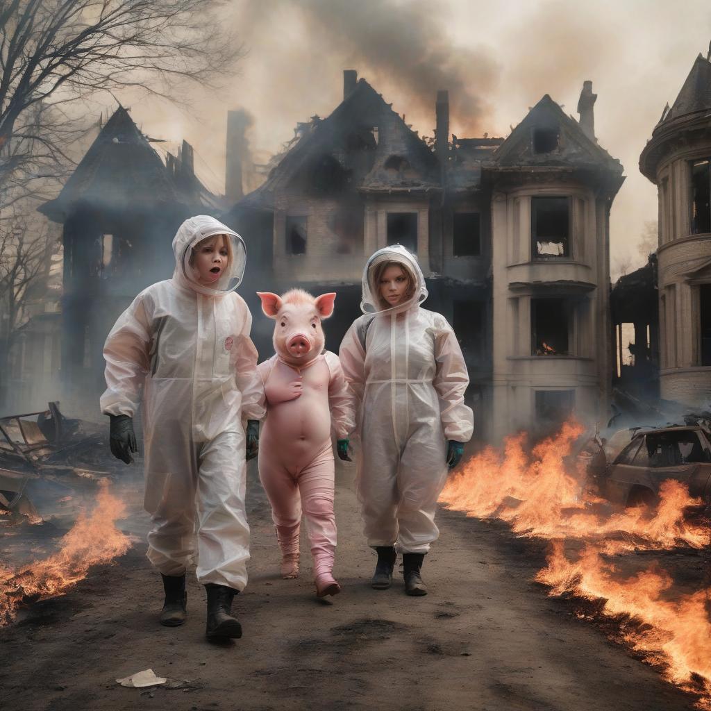  there is a pig around, mansions are burning, two girls in protective suits are walking