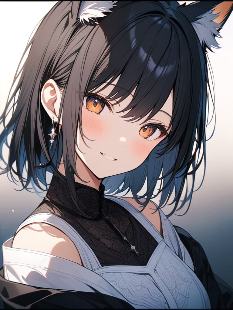  black hair, short hair, smile, cute, gradation, braided ears, first blue, fox ears, masterpiece, best quality,8k,ultra detailed,high resolution,an extremely delicate and beautiful,hyper detail