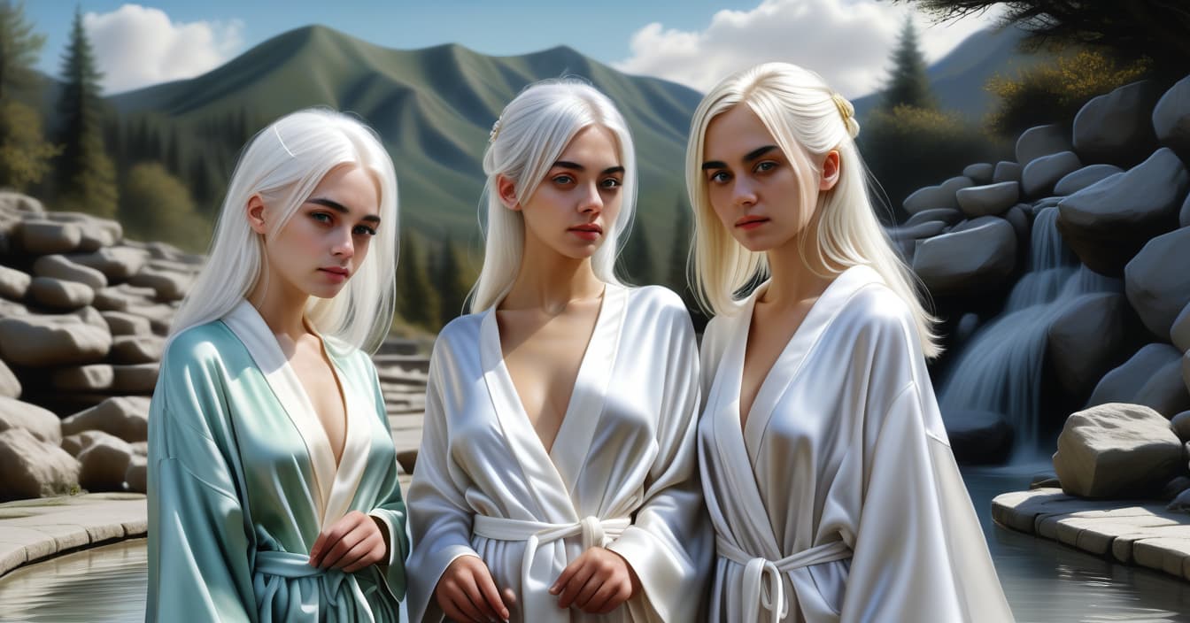  hyperrealistic art two european girls on hot springs, in short robes made of silk, one girl with white hair, the second girl with black hair. . extremely high resolution details, photographic, realism pushed to extreme, fine texture, incredibly lifelike, perfecteyes