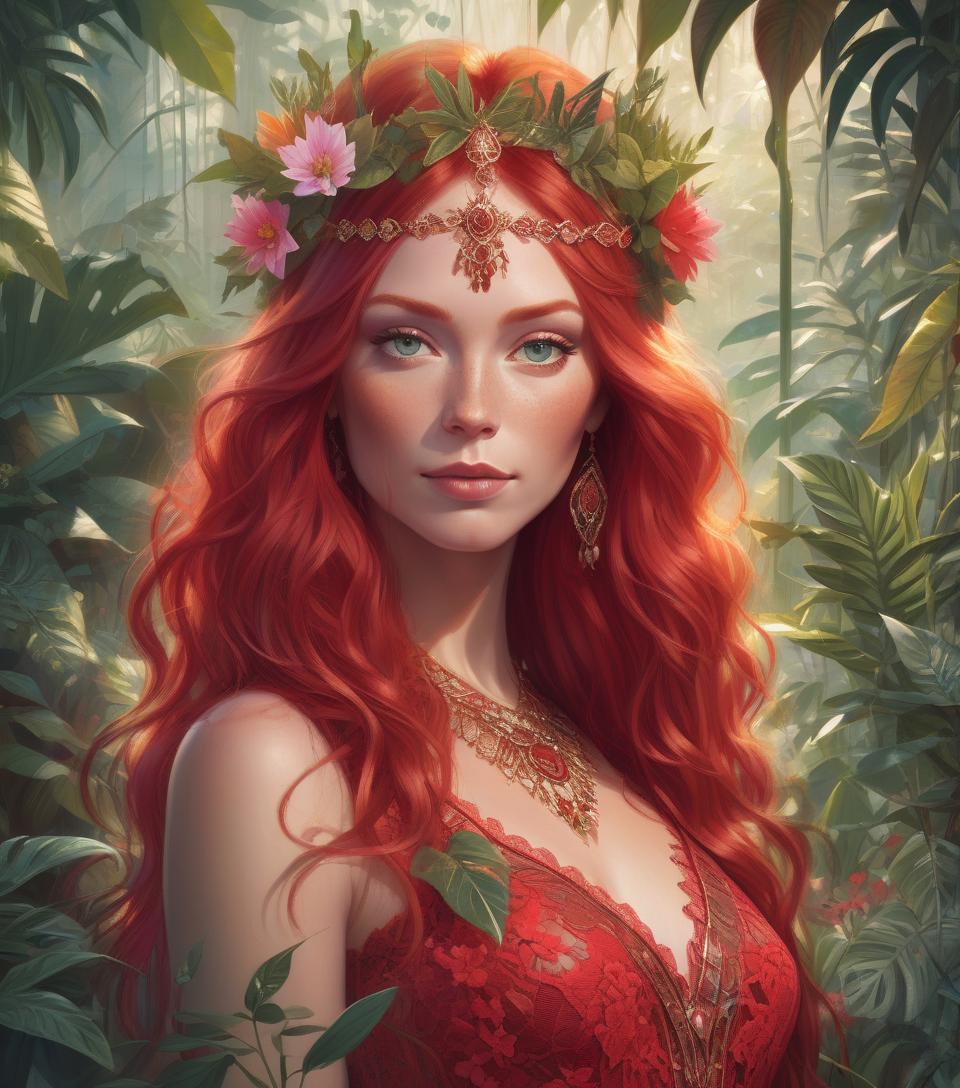  portrait of beautiful red haired bohemian queen wearing red colour lace surrounded by jungle plants and flowers art by mike mayhew and mark brooks and ross tran 8k resolution