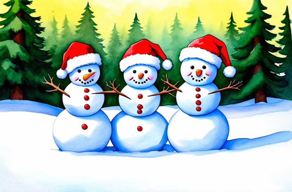  artwork three snowmen wearing santa hats in a snowy forest ar 3:2, watercolor techniques, featuring fluid colors, subtle gradients, transparency associated with watercolor art