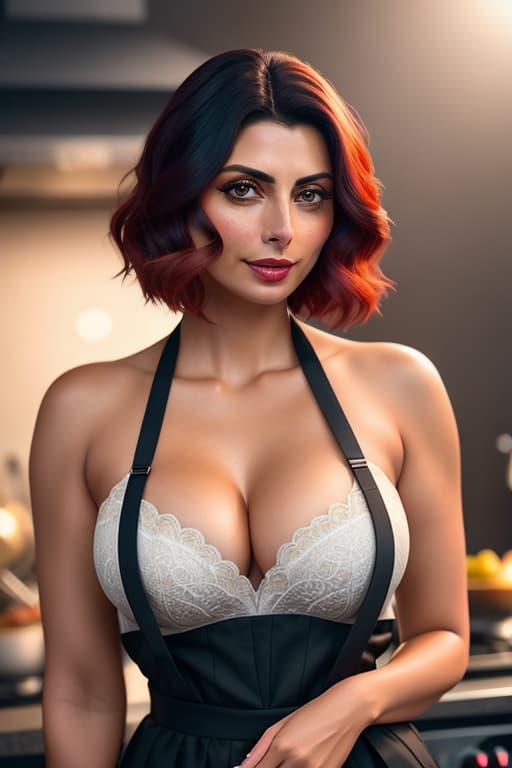  a closeup portrait of playful Morena Baccarin, 4k, undercut hair, apron, amazing body, soft skin, carmin red lips, cleavage, pronounced feminine feature, busty, cleavage, lustful, kitchen, [ash blonde | ginger | pink hair], freckles, flirting with camera hyperrealistic, full body, detailed clothing, highly detailed, cinematic lighting, stunningly beautiful, intricate, sharp focus, f/1. 8, 85mm, (centered image composition), (professionally color graded), ((bright soft diffused light)), volumetric fog, trending on instagram, trending on tumblr, HDR 4K, 8K