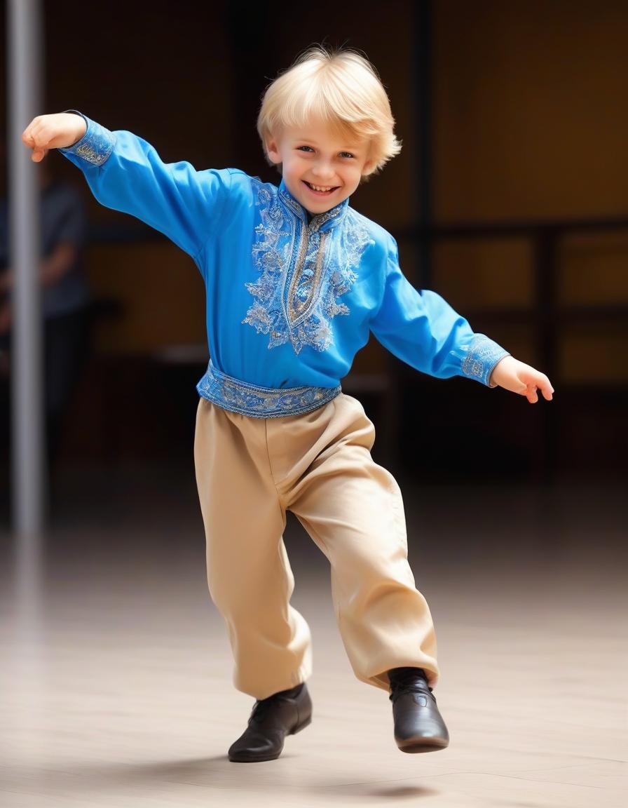  the blond boy smiles, in a blue shirt and blue pants dances russian folk dance, looks straight, on his left hand five fingers