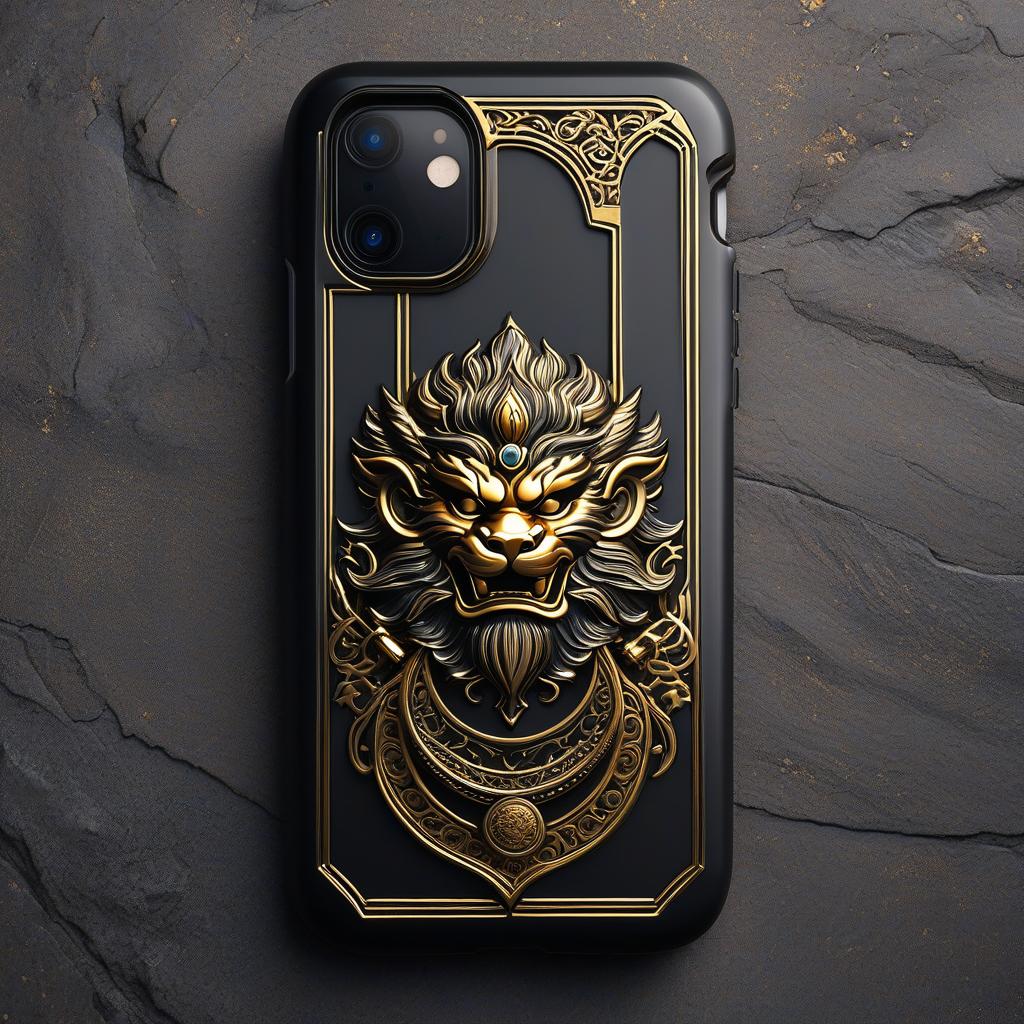  a highly detailed and luxurious phone case design for the iphone 15 plus, inspired by ‘black myth: wukong,’ featuring sun wukong in a dynamic battle stance with his golden staff. the case is crafted from polished black jade material with gold accents, deeply engraved to create a strong three dimensional effect. the design uses a rich color palette of black and gold, with a glossy finish and intricate textures, blending traditional chinese elements with modern aesthetics. the phone case is sleek and modern, with smooth, rounded edges, designed to be both a protective accessory and a bold statement piece., cinematic film style, shallow depth of field, vignette, highly detailed, high budget, bokeh, cinemascope, moody, epic, gorgeous, film 