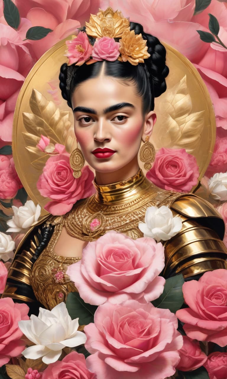  concept art color pink, white, black, gold frida kahlo to the waist in gold armor rose . digital artwork, illustrative, painterly, matte painting, highly detailed, perfect hands