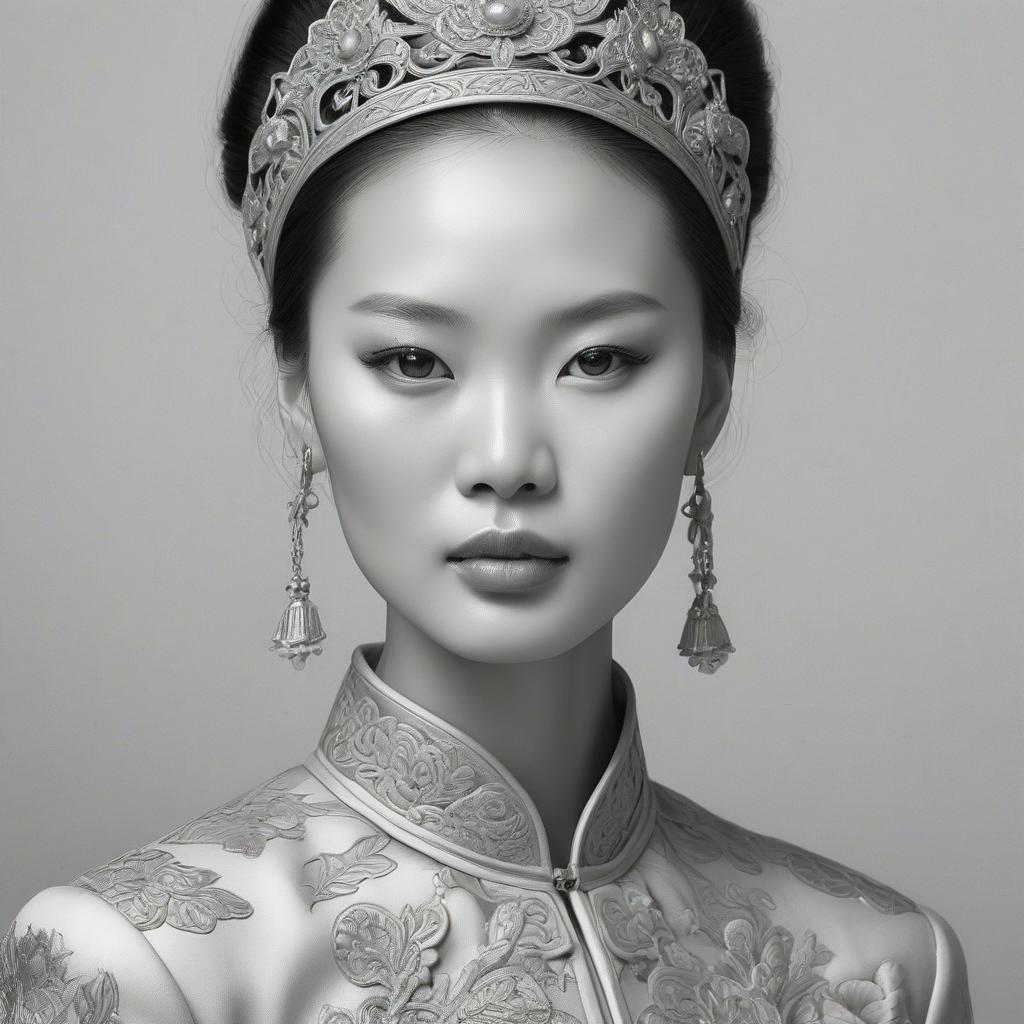  fashion editorial style portrait of a beautiful chinese woman, pyotr sokolov, pencil drawing on paper, intricate details . high fashion, trendy, stylish, editorial, magazine style, professional, highly detailed