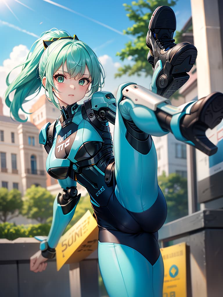  (masterpiece),(insanely detailed face,sole,face and sole focas),(upper body),solo,girl,intelligence,genius,serious,cool,clear face,aqua hair,hair up,sidelocks,ring hair,humanoid,((mechanical joint)),((exoskeleton)),((mechanical legs)),green colored armor,pose,((kicking,high kick)),((incoming kick)),(standing on one leg),((close up sole,blurr sole)), looking at viewer,(leg out of frame),((sense of movement,speed line,motion blurr,blurr fore ground)),