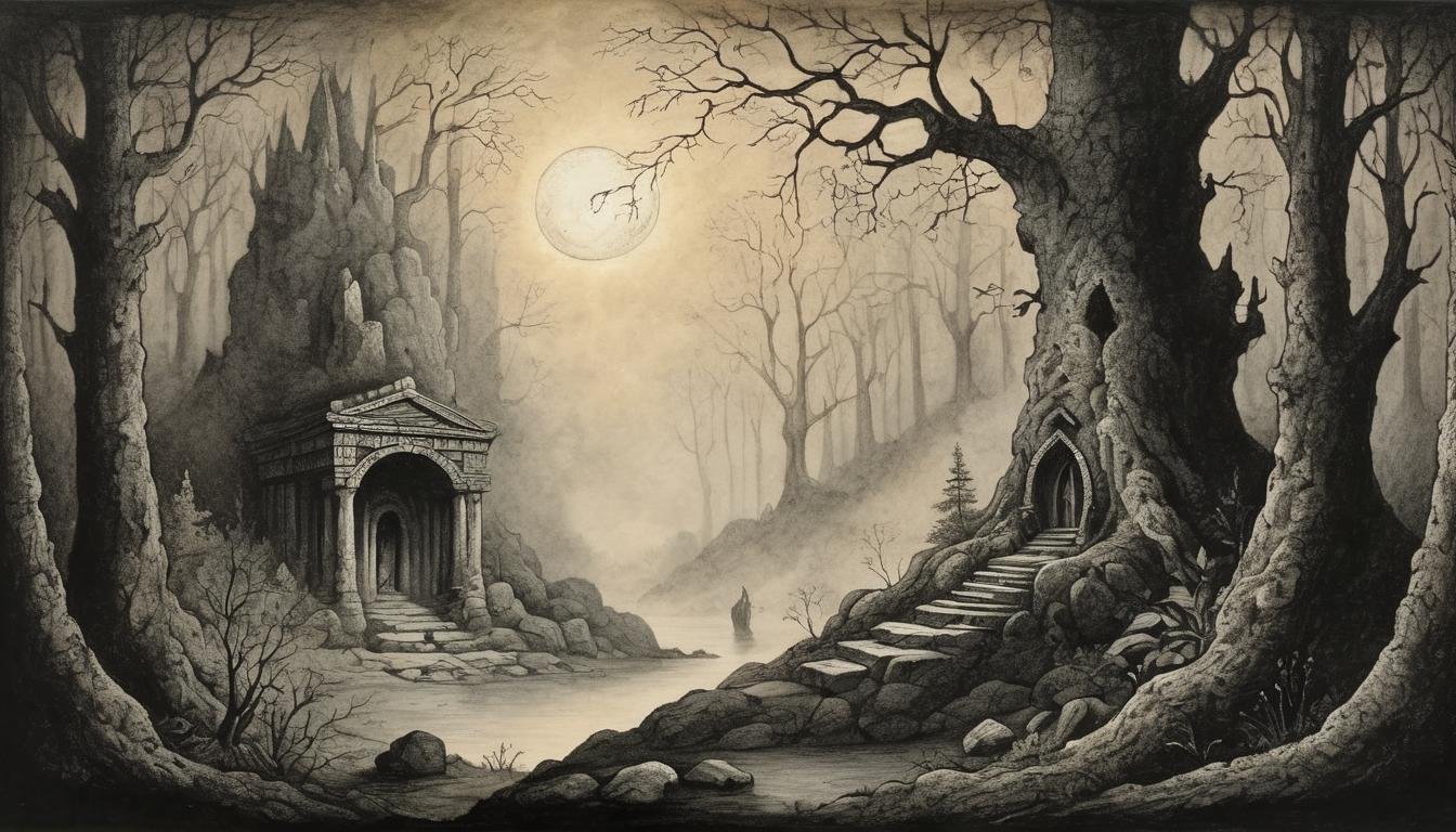  on parchment, surrealism++, ancient rocky shrine, amidst a dark forest, faint light piercing through leaves, mystic, tranquil(mysterious, provocative, symbolic)++