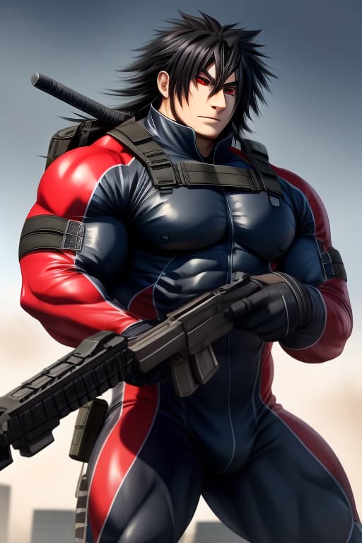  Anime, Male, Big muscles, Black messy hair, Bright red eyes, Skintight suit, tactical gear, weapon, open eyes, digital art, masterpiece, 4k, fine details,