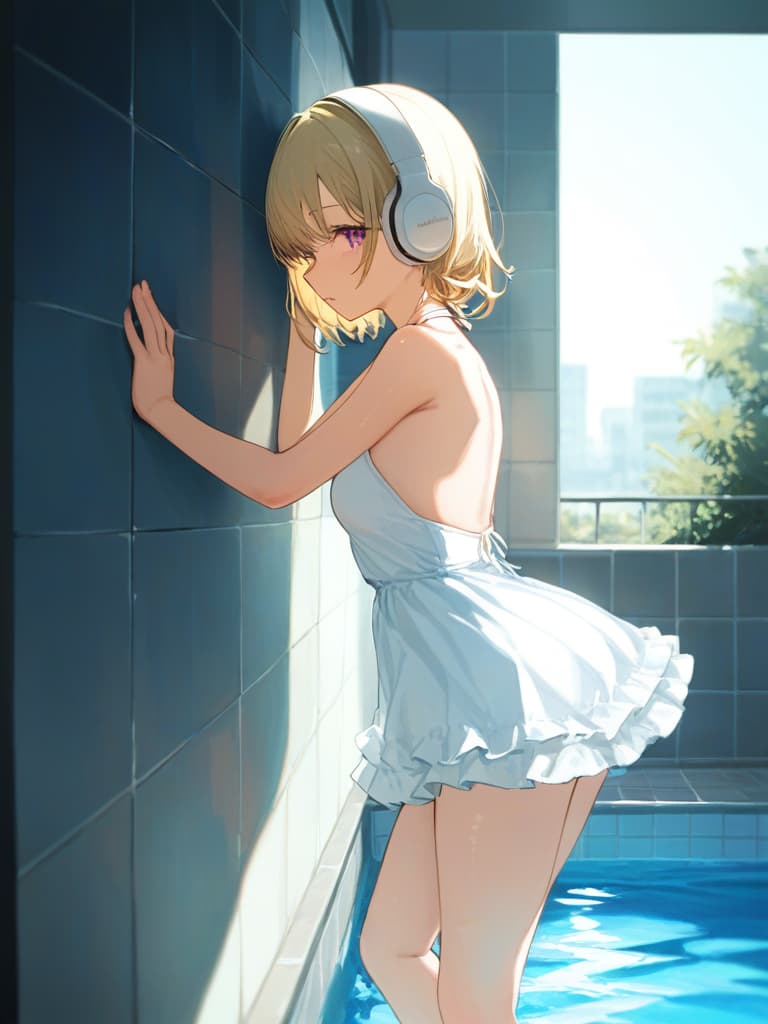  white frilled dress swimwear, back, blond twin tail, white headphones, whole body, legs, hugging on the wall, pose protruding , tile walls, small , s, slim dresses on the wall, slim dress , show your back, showing your back, pool, white , , masterpiece, best quality,8k,ultra detailed,high resolution,an extremely delicate and beautiful,hyper detail