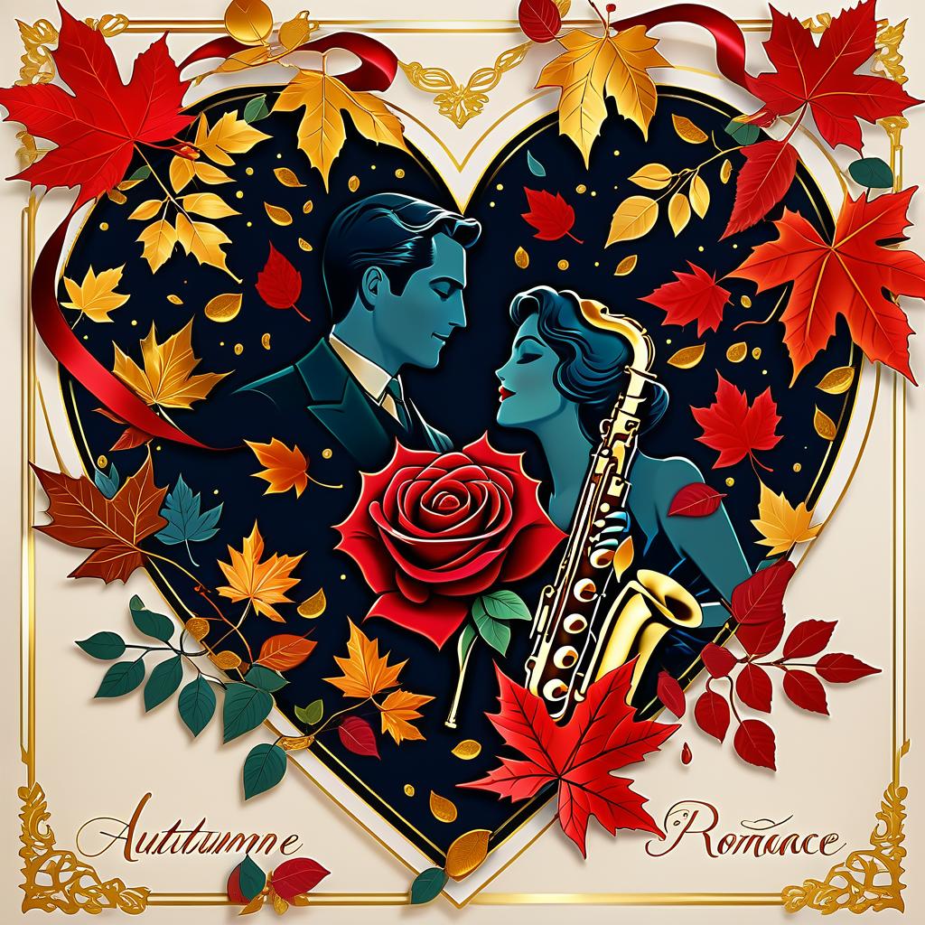  luxury product style (postcard background):falling autumn leaves, red roses, saxophone, satin ribbon, inscription "autumn romance" , retro, vintage, greeting card. autumn in the heart, (beautiful couple):man and woman, two faces in profile, heart scarlet rose (heart), beautiful figure of maple leaves outlines in the shape of a heart. (heart colour):night sky background, gold pattern. (style):fantasy, autumn art, autumn romance. (colours):gold, green gold, navy blue, red, red gold, brown gold, silver, golden blue, bluish blue. . elegant, sophisticated, high end, luxurious, professional, highly detailed