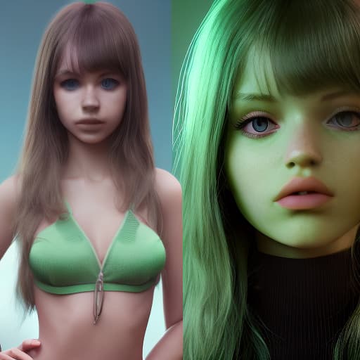 redshift style Mila Azul as a green-skinned humanoid female from another galaxy