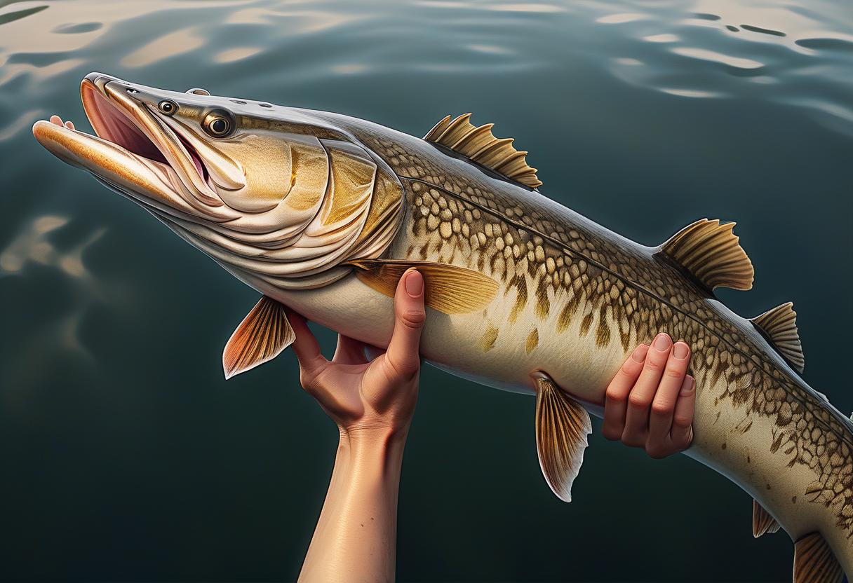  hyperrealistic art high quality, high detail, hands holding a large pike, the camera looks from above, against the background of the lake . extremely high resolution details, photographic, realism pushed to extreme, fine texture, incredibly lifelike, perfect hands