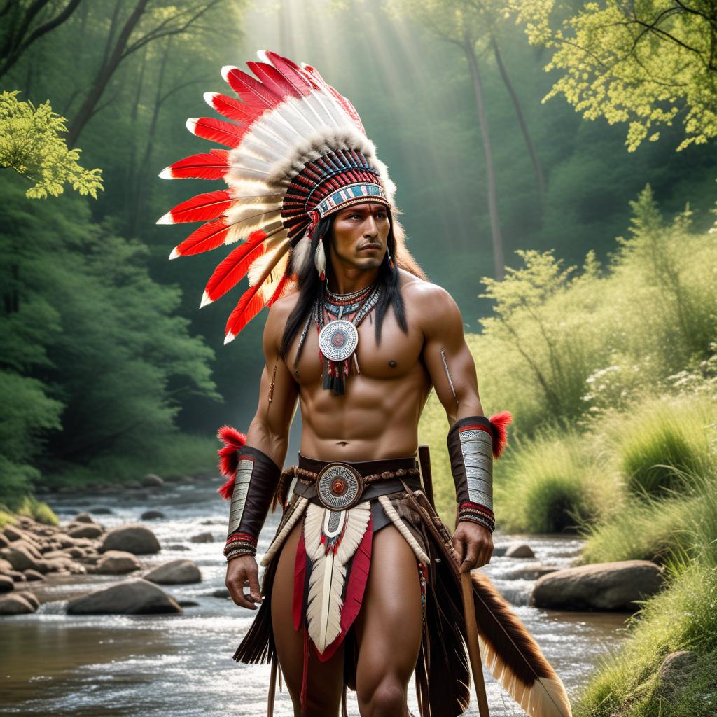  A picture of a person dressed as an American Indian warrior, on top of a horse near a stream. The warrior wears traditional clothing and headdress, and the scene is set in a natural, lush landscape with trees and a flowing stream nearby. hyperrealistic, full body, detailed clothing, highly detailed, cinematic lighting, stunningly beautiful, intricate, sharp focus, f/1. 8, 85mm, (centered image composition), (professionally color graded), ((bright soft diffused light)), volumetric fog, trending on instagram, trending on tumblr, HDR 4K, 8K