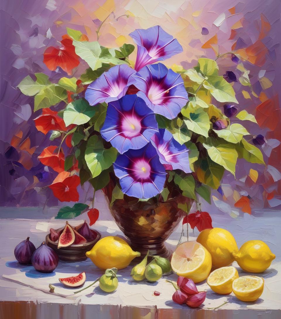  oil painting with palette knife, oil painting on canvas, flowers and fruits, scarlet morning glory, lemons and purple figs, drawing with large strokes, impressionism, the game of the world, high detail, the work of the wizard