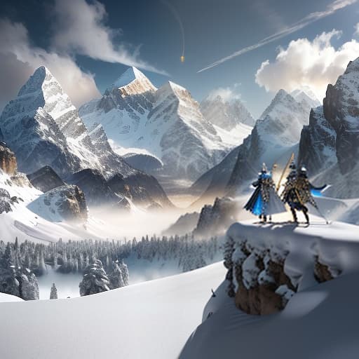  Two knights of the Order of the Holy Sword stand on a backdrop of snow capped mountains in a fantasy setting. Both knights are dressed in ornate golden armor embellished with carvings and emblems of the order. Their helmets are adorned with crests shaped like wings, symbolizing protection and nobility. One knight holds a shining sword enveloped in blue magical fires, while the other carries a massive shield with the order's heraldry: a cross encircled by a laurel wreath. The snow capped mountains majestically rise in the background, emphasizing the epic atmosphere of the scene. Swirling around the heroes is a light snowy wind, adding a sense of the cold and harsh beauty. hyperrealistic, full body, detailed clothing, highly detailed, cinematic lighting, stunningly beautiful, intricate, sharp focus, f/1. 8, 85mm, (centered image composition), (professionally color graded), ((bright soft diffused light)), volumetric fog, trending on instagram, trending on tumblr, HDR 4K, 8K