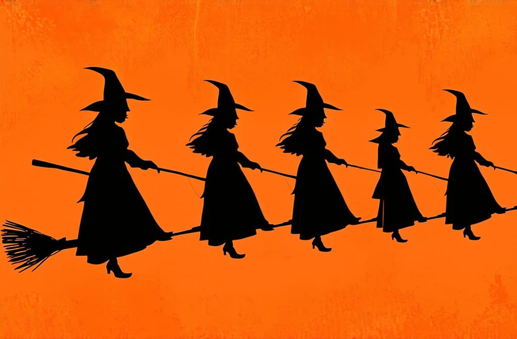  flat illustration, flaticon, (illustration:1.15), silhouettes of witches on a broomstick black on an orange background many at the same distance from each other, ornament, background for halloween ar 3:2, [cory loftis, strobist, pascal campion :: 0.2]