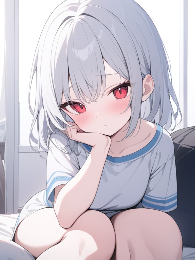  girl, cute, shy, silver hair, red eyes, hairstyles bob, masterpiece, best quality,8k,ultra detailed,high resolution,an extremely delicate and beautiful,hyper detail