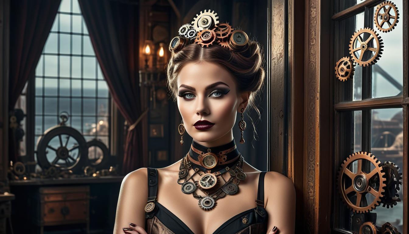  steampunk style ,(((medium full shot))), (masterpiece, photorealistic, photorealism, best quality, ultra detailed:1.3), (nice hands, perfect hands), official art, cinematic light, (1 :1.3), , choker. jewelry.celets,,color tattoos.full length siren. slender, sweet face, bright full makeup.plump lips, big s. looking at viewer,against the background of a window, rich curtains . antique, mechanical, ss and copper tones, gears, intricate, detailed