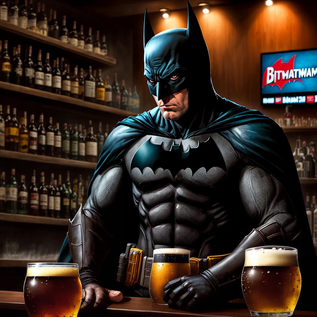  The Batman sitting in a bar drinking beer, looking sad