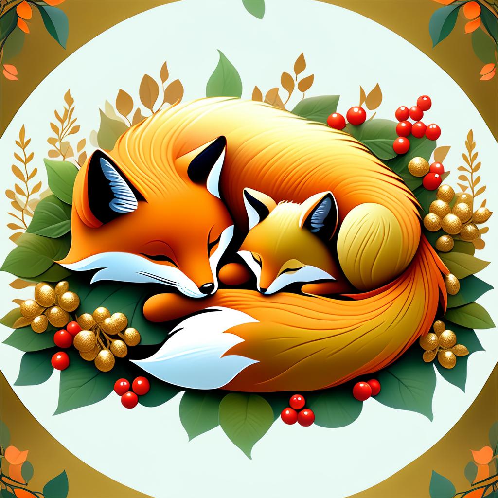  dreamscape (frame):gold round frame decorated with fancy oak leaves and rowan berries. (picture). animalism in fantasy style: little fox sleeping in the arms of big mum fox. appearance of a fox:sweetly sleeping curled up in a ball. (colours):orange, red, white, beige, gold, all shades of green, brown, brown gold. (style):animalism, fantasy, fairy tale, tenderness, kindness, calmness, cartoon . surreal, ethereal, dreamy, mysterious, fantasy, highly detailed, civitai, hkmagic hyperrealistic, full body, detailed clothing, highly detailed, cinematic lighting, stunningly beautiful, intricate, sharp focus, f/1. 8, 85mm, (centered image composition), (professionally color graded), ((bright soft diffused light)), volumetric fog, trending on instagram, trending on tumblr, HDR 4K, 8K