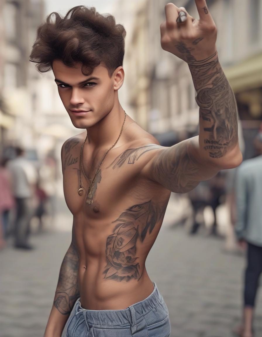  a daring, charismatic young man with a cunning grin, a stern face, high cheekbones, brown eyes and thick hair, looks cunningly with a squint, in tattoos, european appearance, light skin, dressed in a t shirt with open shoulders and sports pants, one hand stretch forward and palm open, photo, realism, a living person, a real person,