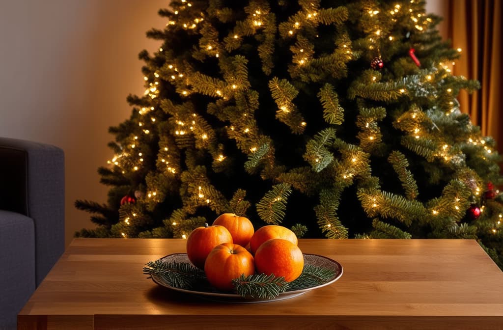  professional detailed photography, living room decorated for christmas with a large illuminated tree, a wooden table with a plate of tangerines decorated with fir branches ar 3:2, (muted colors, dim colors, soothing tones), (vsco:0.3)