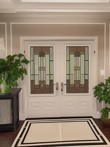  foyer, describe, your, dream, vacation. the room depicted in the image exhibits a minimalist and contemporary living room theme, emphasizing clean lines and neutral tones. contemporary minimalist living room with a white sectional sofa, wooden accent chairs, geometric rug, and large leaf artwork. minimalist, contemporary, living room, white sectional sofa, wooden accent chairs, geometric rug, large leaf artwork exterior door wood colo with black trim