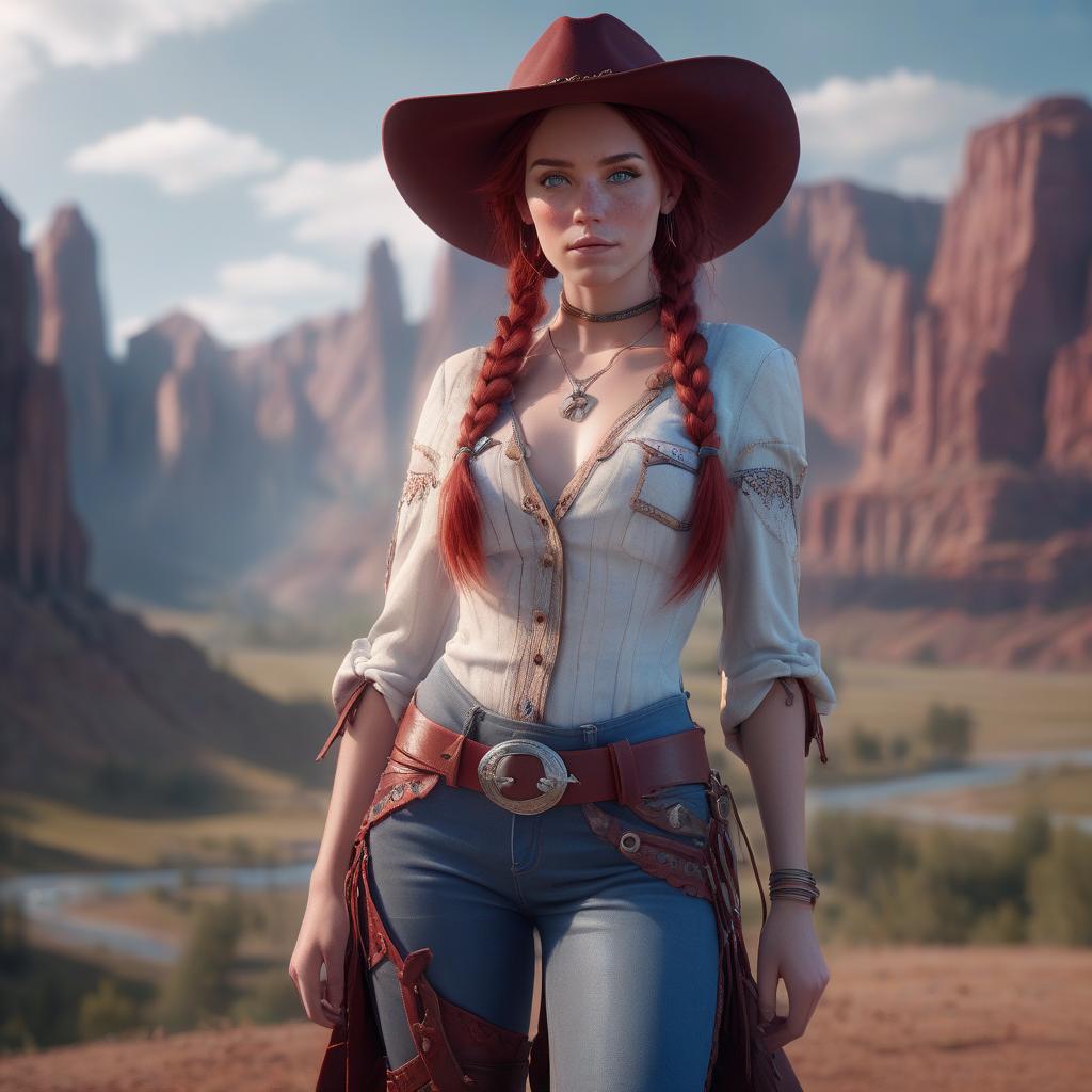  hd 4k 3d professional modeling photo hyper realistic beautiful enchanting cowgirl woman dark red hair braids fair skin freckles blue eyes gorgeous face cowgirl outfit magical western country landscape hd background ethereal mystical mysterious beauty full body