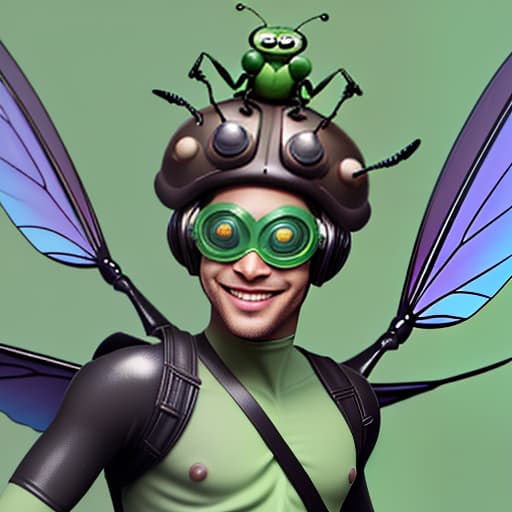  cute cartoon insect beetle character with a green body, big expressive eyes and a smile on his lips. on his head he has a huge brown helmet with goggles, giving him an adventurous look. the insect beetle stands confidently holding a blaster, he has graceful wings and long tendrils. the background is simple and bright inside the starship to emphasize the charm of the funny character with the weapon.